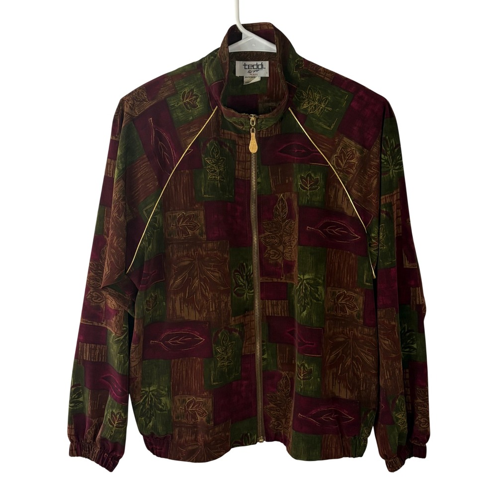 Teddi Petite Vintage 90s Leaf Print Zip Up Bomber Jacket Burgundy Green PS